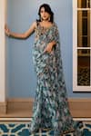 Buy_Paulmi and Harsh_Green Saree Crepe Printed Floral Pre-draped With Embroidered Bloy  _at_Aza_Fashions