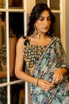 Buy_Paulmi and Harsh_Green Saree Crepe Printed Floral Pre-draped With Embroidered Bloy  _Online_at_Aza_Fashions