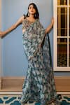 Shop_Paulmi and Harsh_Green Saree Crepe Printed Floral Pre-draped With Embroidered Bloy  _Online_at_Aza_Fashions