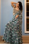 Paulmi and Harsh_Green Saree Crepe Printed Floral Pre-draped With Embroidered Bloy  _at_Aza_Fashions