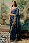 Shop_Paulmi and Harsh_Blue Saree Organza Embroidered Mirror V Neck Set  _Online_at_Aza_Fashions