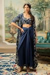 Paulmi and Harsh_Blue Jacket And Blouse Russian Jacquard Woven Floral Draped Skirt Set  _Online_at_Aza_Fashions