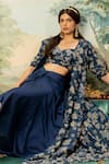 Paulmi and Harsh_Blue Jacket And Blouse Russian Jacquard Woven Floral Draped Skirt Set  _at_Aza_Fashions