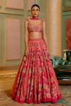 Buy_Paulmi and Harsh_Pink Lehenga And Blouse Chiniya Silk Printed Blooming Bridal Set _at_Aza_Fashions