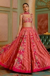 Paulmi and Harsh_Pink Lehenga And Blouse Chiniya Silk Printed Blooming Bridal Set _Online_at_Aza_Fashions