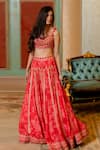 Shop_Paulmi and Harsh_Red Lehenga And Blouse Cotton Silk Printed Botanical Cowl Neck Set _Online_at_Aza_Fashions