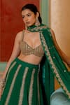 Shop_Paulmi and Harsh_Emerald Green Organza Embroidery Zari Thread Leaf Lehenga Set  _Online_at_Aza_Fashions