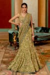 Buy_Paulmi and Harsh_Green Saree Georgette Printed Floral Stripe Pre-draped With Blouse _at_Aza_Fashions