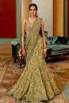 Shop_Paulmi and Harsh_Green Saree Georgette Printed Floral Stripe Pre-draped With Blouse _Online_at_Aza_Fashions