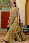 Paulmi and Harsh_Green Saree Georgette Printed Floral Stripe Pre-draped With Blouse _at_Aza_Fashions