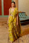 Buy_Paulmi and Harsh_Yellow Saree Chiffon Printed Flower Pre-stitched With Blouse  _Online_at_Aza_Fashions