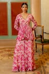 Buy_Paulmi and Harsh_Pink Georgette Printed Floral V Neck Peplum Kurta And Palazzo Set  _at_Aza_Fashions