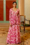 Paulmi and Harsh_Pink Georgette Printed Floral V Neck Peplum Kurta And Palazzo Set  _Online_at_Aza_Fashions