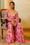 Paulmi and Harsh_Pink Georgette Printed Floral V Neck Peplum Kurta And Palazzo Set  _at_Aza_Fashions