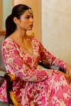 Buy_Paulmi and Harsh_Pink Georgette Printed Floral V Neck Peplum Kurta And Palazzo Set  