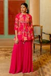 Buy_Paulmi and Harsh_Pink Kurta Chiniya Silk Printed Blooming Peplum And Palazzo Set  _at_Aza_Fashions