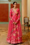 Paulmi and Harsh_Pink Anarkali Chiniya Silk Printed Blooming Floral V Neck With Dupatta _Online_at_Aza_Fashions