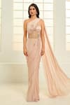 Buy_Masumi Mewawalla x AZA_Rose Gold Mashroo Embroidered Floral Vine Sweetheart Draped Corset Saree Gown _at_Aza_Fashions