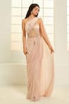 Buy_Masumi Mewawalla x AZA_Rose Gold Mashroo Embroidered Floral Vine Draped Corset Saree Gown  _Online