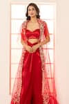 Masumi Mewawalla x AZA_Red Mashroo Embroidered Floral Vine Blouse Sweetheart Cape And Draped Skirt Set _at_Aza_Fashions