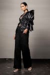 Buy_POOJA SHROFF_Black Tweed Embroidered Sequin Work Deep V Neck Flounced Sleeve Jacket _Online_at_Aza_Fashions