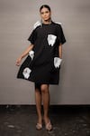 Buy_POOJA SHROFF_Black Banana Crepe Embellished Bow Trim Work Round Neck Fun Dress _at_Aza_Fashions