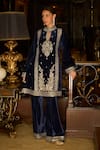 Buy_LASHKARAA_Blue Kurta Velvet Embroidered Thread High Collar A Line And Flared Pant Set _at_Aza_Fashions