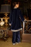 LASHKARAA_Blue Kurta Velvet Embroidered Thread High Collar A Line And Flared Pant Set _Online_at_Aza_Fashions