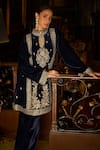 Shop_LASHKARAA_Blue Kurta Velvet Embroidered Thread High Collar A Line And Flared Pant Set _at_Aza_Fashions