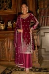 Buy_LASHKARAA_Wine Kurta Velvet Embroidered Thread Leaf Flared Palazzo Set _at_Aza_Fashions