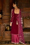 LASHKARAA_Wine Kurta Velvet Embroidered Thread Leaf Flared Palazzo Set _Online_at_Aza_Fashions