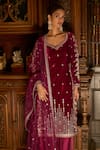 Shop_LASHKARAA_Wine Kurta Velvet Embroidered Thread Leaf Flared Palazzo Set _Online_at_Aza_Fashions