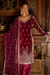 Shop_LASHKARAA_Wine Kurta Velvet Embroidered Thread Leaf Flared Palazzo Set _at_Aza_Fashions