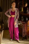 Buy_LASHKARAA_Magenta Crop Top And Jacket Velvet Embroidered Zari & Sequin Draped Pant Set_at_Aza_Fashions
