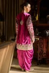 LASHKARAA_Magenta Crop Top And Jacket Velvet Embroidered Zari & Sequin Draped Pant Set_Online_at_Aza_Fashions