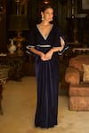 Buy_LASHKARAA_Blue Kaftan Velvet Embroidered Thread V Neck  _at_Aza_Fashions