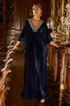 Buy_Lashkaraa_Blue Velvet, Linen Sequins, Stones V-neck Embroidered Kaftan_at_Aza_Fashions