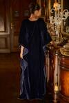 Shop_Lashkaraa_Blue Velvet, Linen Sequins, Stones V-neck Embroidered Kaftan_at_Aza_Fashions