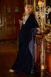 Lashkaraa_Blue Velvet, Linen Sequins, Stones V-neck Embroidered Kaftan_Online_at_Aza_Fashions