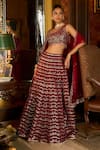 Buy_LASHKARAA_Red Lehenga And Blouse Velvet Embroidered Thread One Shoulder Set_Online_at_Aza_Fashions