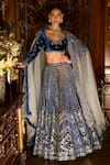 Buy_LASHKARAA_Blue Lehenga And Blouse Velvet Embroidered Thread Leaf Stone & Zari Set _at_Aza_Fashions