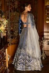 LASHKARAA_Blue Lehenga And Blouse Velvet Embroidered Thread Leaf Stone & Zari Set _Online_at_Aza_Fashions