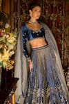 Shop_LASHKARAA_Blue Lehenga And Blouse Velvet Embroidered Thread Leaf Stone & Zari Set _at_Aza_Fashions