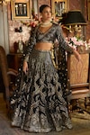 Shop_LASHKARAA_Black Lehenga And Blouse Velvet Embroidered Thread V Neck Stone & Zari Set _Online_at_Aza_Fashions