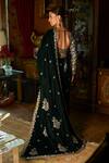 LASHKARAA_Green Velvet Embroidered Thread Floweret Buti Pre-draped Saree With Blouse _Online_at_Aza_Fashions