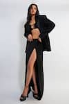 Buy_Deme By Gabriella_Black Faux Leather Plunge Neck Morena Ferrari Blazer Overlapped Skirt Set _at_Aza_Fashions