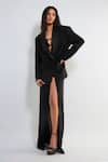 Buy_Deme By Gabriella_Black Faux Leather Plunge Neck Morena Ferrari Blazer Overlapped Skirt Set 