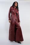 Buy_Deme by Gabriella_Red Leather Plain Lapel Collar Ellen Trench Coat Pant Set _at_Aza_Fashions