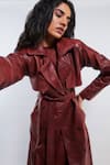 Deme by Gabriella_Red Leather Plain Lapel Collar Ellen Trench Coat Pant Set _Online_at_Aza_Fashions