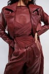 Shop_Deme by Gabriella_Red Leather Plain Lapel Collar Ellen Trench Coat Pant Set _Online_at_Aza_Fashions